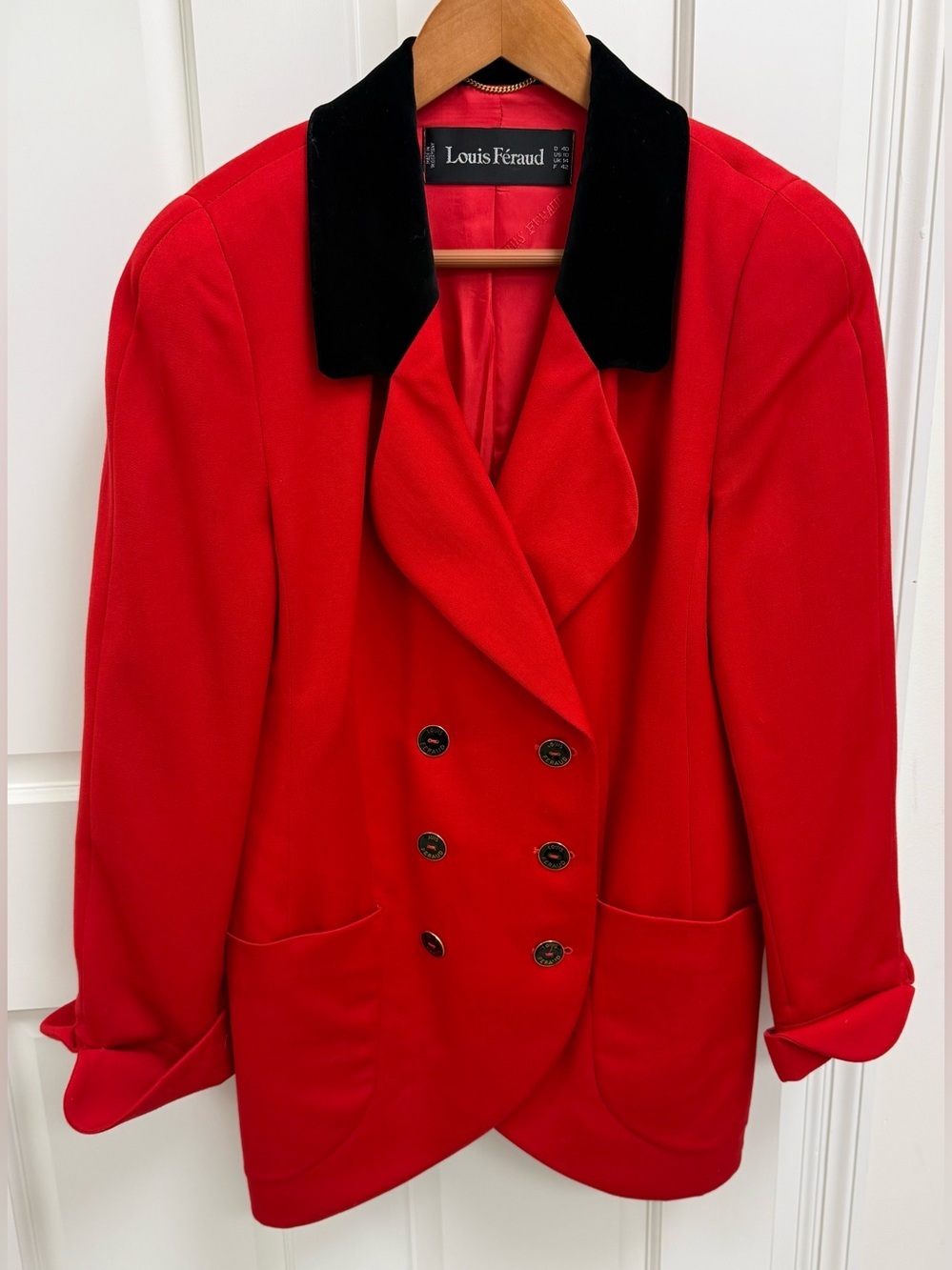 LOUIS FERAUD Vintage Old Money Red Wool Double Breasted Velvet Trim Blazer - M